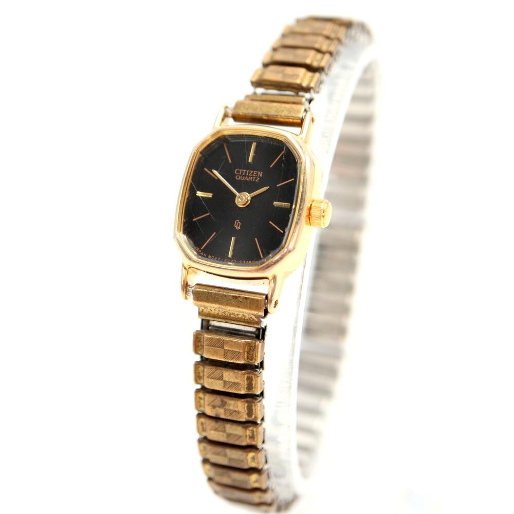 Vintage Citizen Black Gold Tone 17mm Petite Watch Metal Stretch Band New Battery